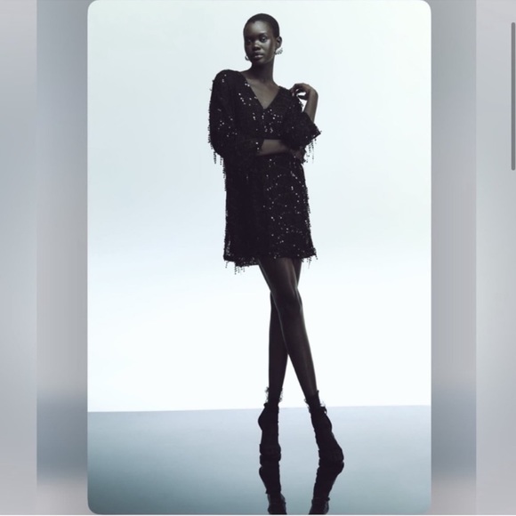 NWT Zara Black FRINGED SEQUIN MINI DRESS Size Small S - Picture 10 of 15